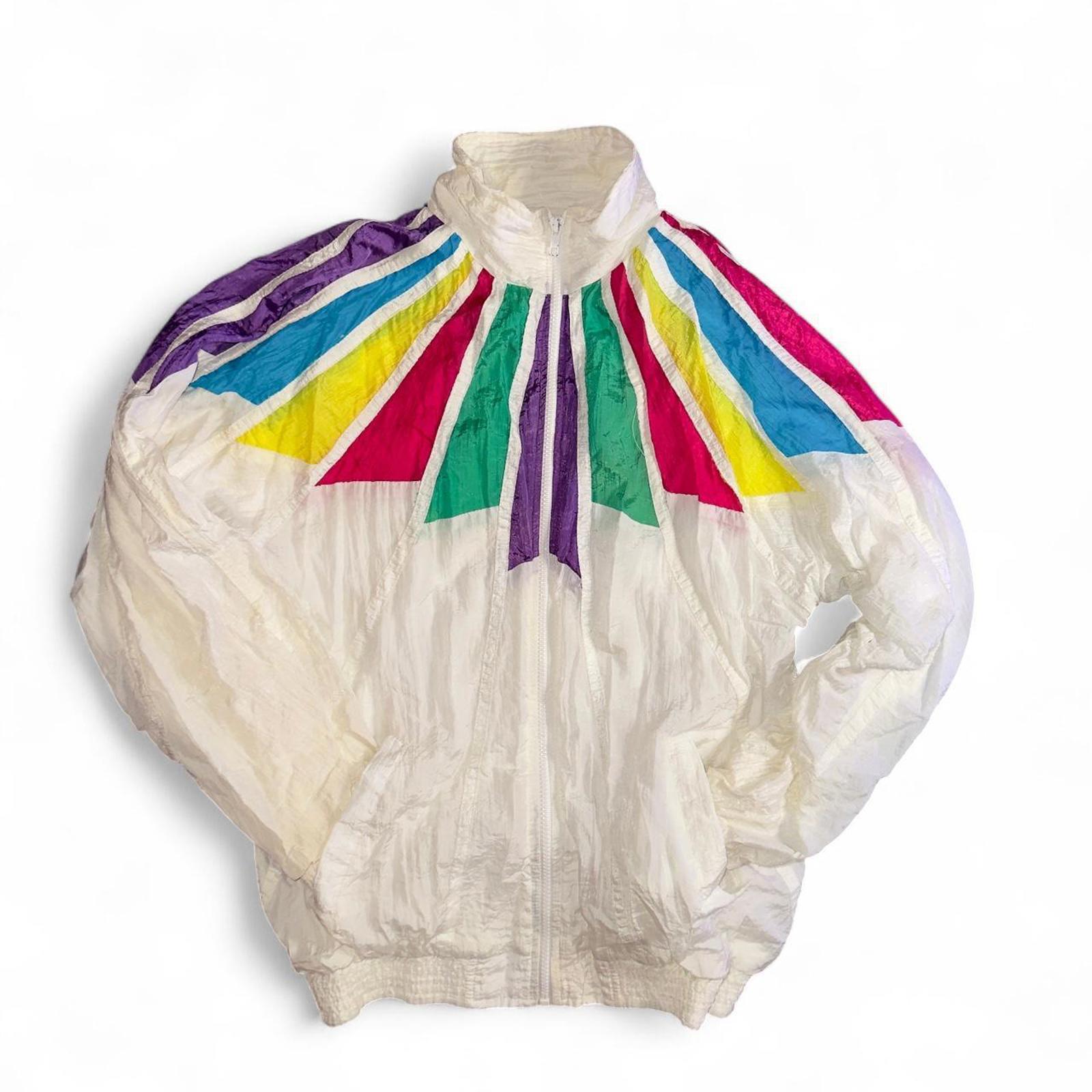 Vtg 90's White Windbreaker Zip-Up Jacket With Colorful Accents Size Adult Small